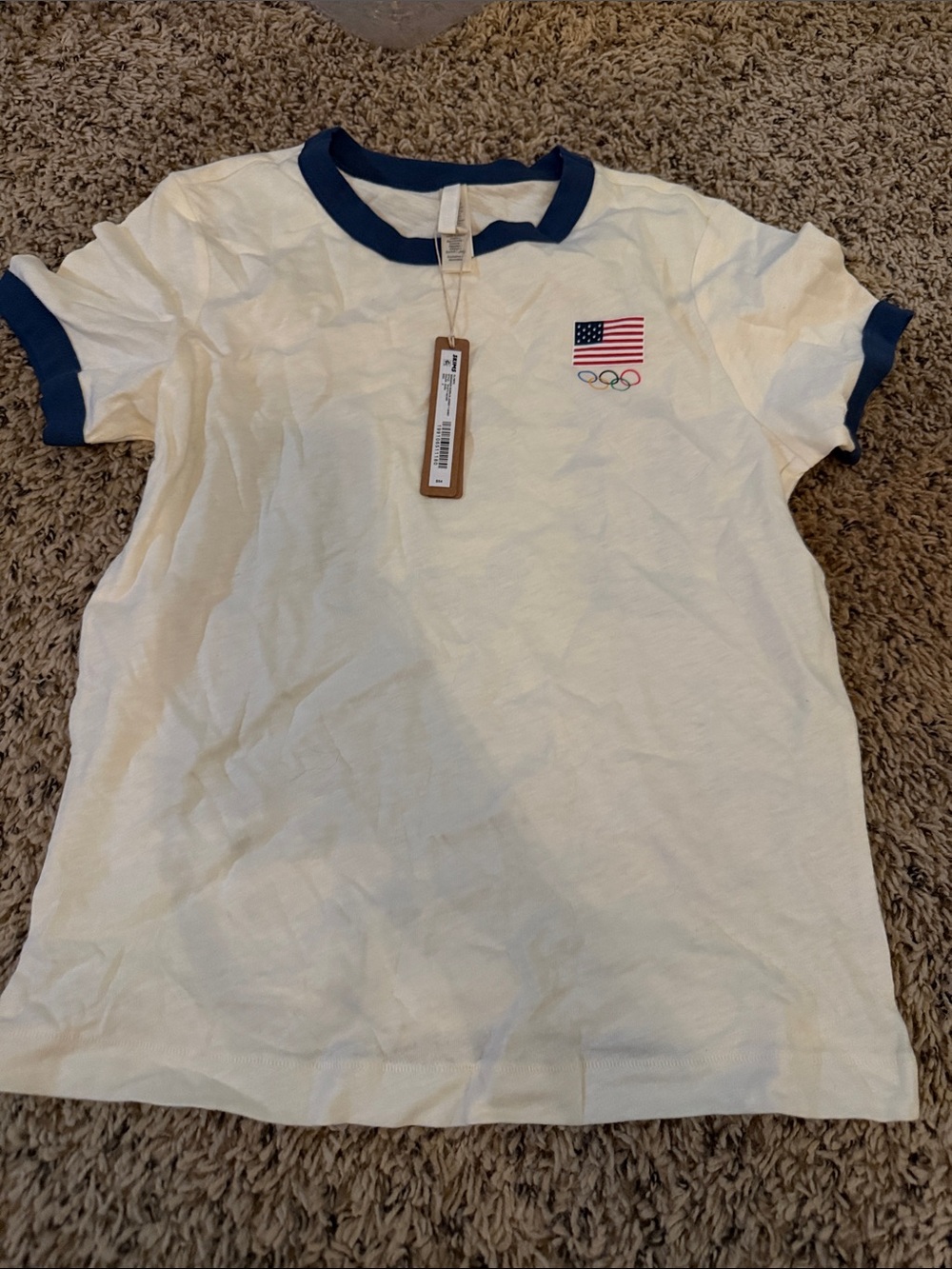 SKIMS White Short Sleeve Ringer Tee with Navy Trim and USA Olympic Patch